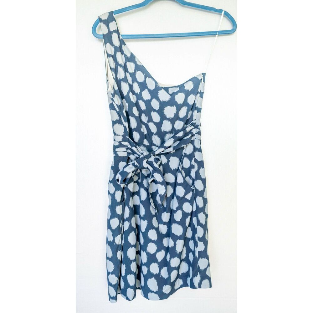 Theory Vivien Ikat Blue & White Spotted Polka Dot One Shoulder Mini Dress Size 8 - Picture 3 of 10